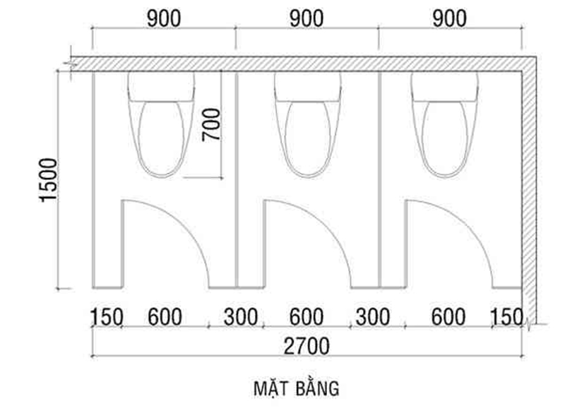 Kích thước nhà vệ sinh công cộng thế nào là đạt tiêu chuẩn hiện đại? 10 Thiết kế nhà vệ sinh công cộng 3 phòng.